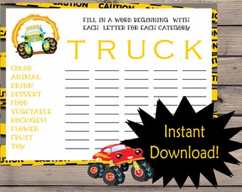 Monster Truck Category Game, Printable Monster Truck Games, Instant Download