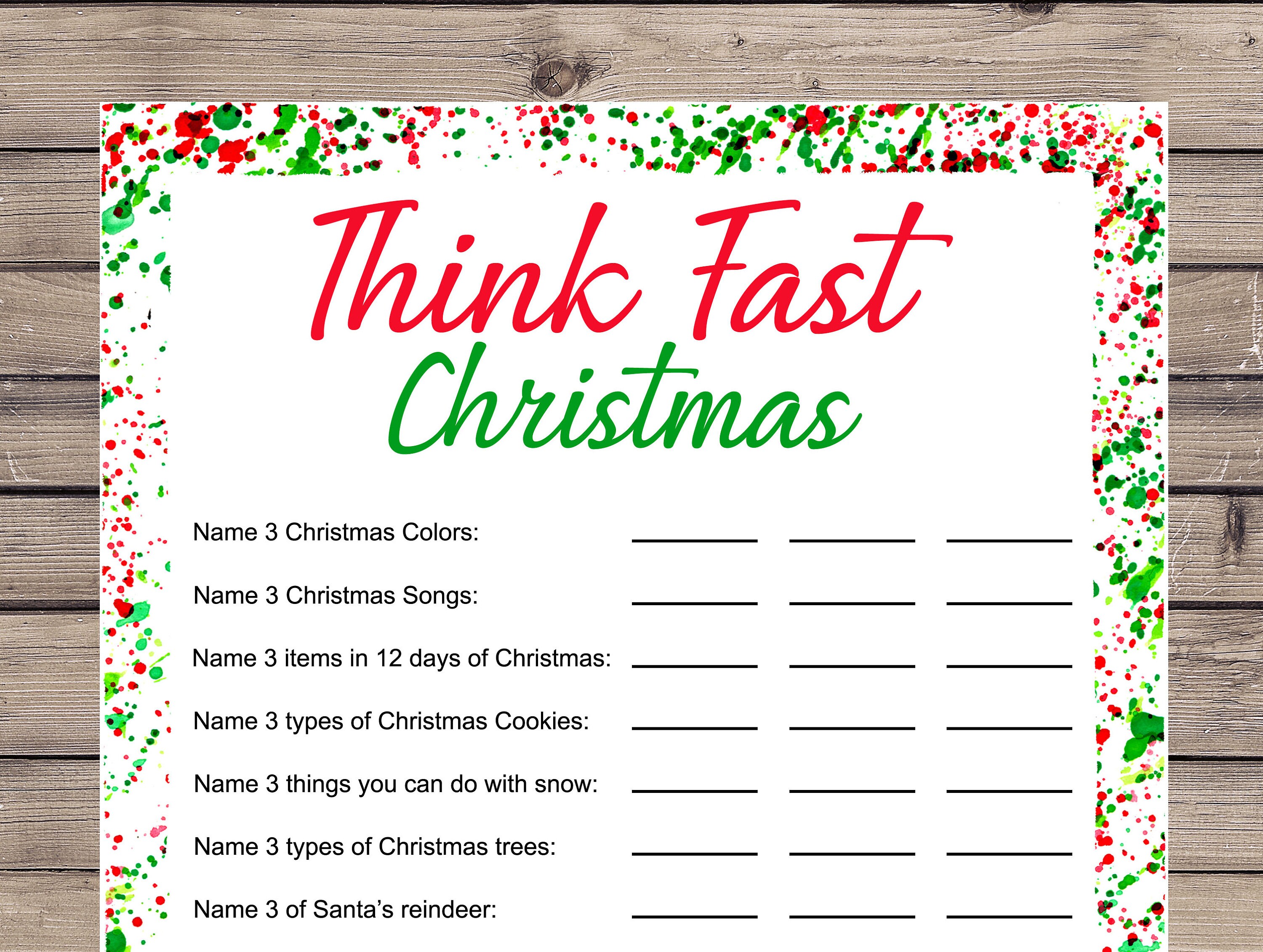 Think Fast Christmas Game Printable Christmas Game Christmas Etsy Canada