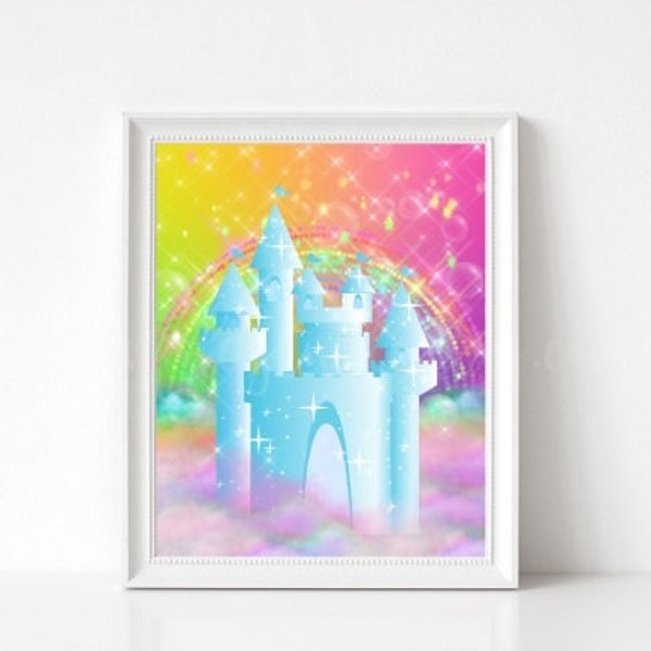 8x10 11x14 and 12x16 Ice Blue Castle Print, Rainbow Picture, Castle Picture, Fairy Picture, Princess Picture, Fairy Room Decor, Castle Art