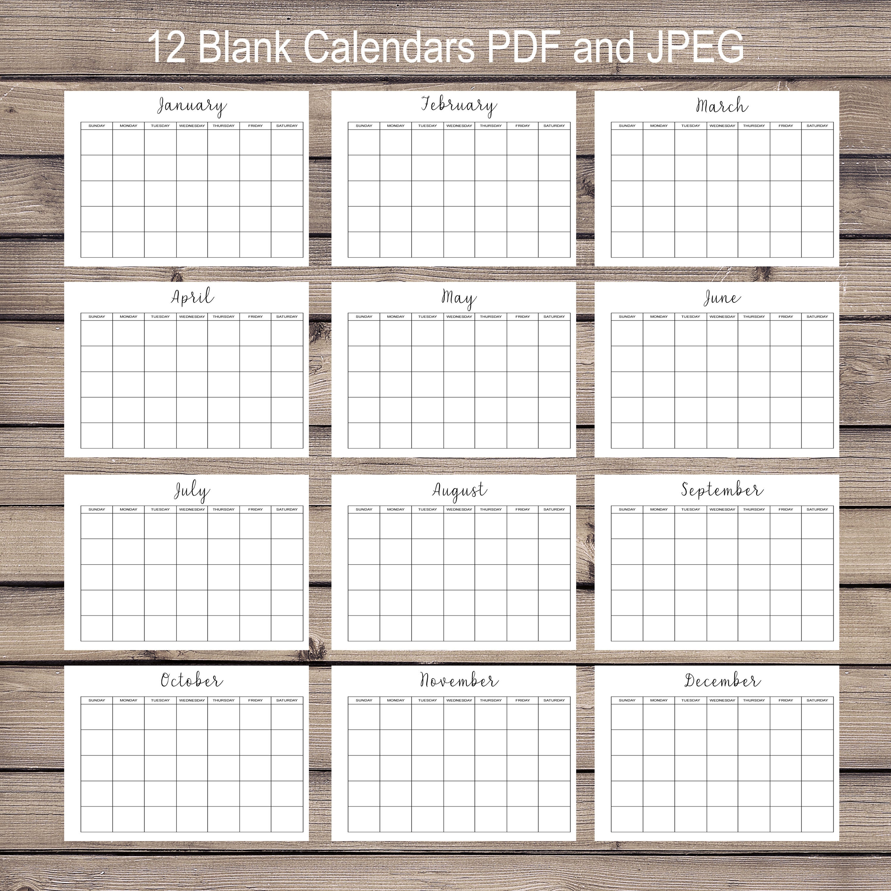 12 Month Blank Calendar, Printable Monthly Calendar, 12 Month Calendar ...