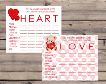 Valentine's Category Game Printable, Valentine's Day Game, Instant Download