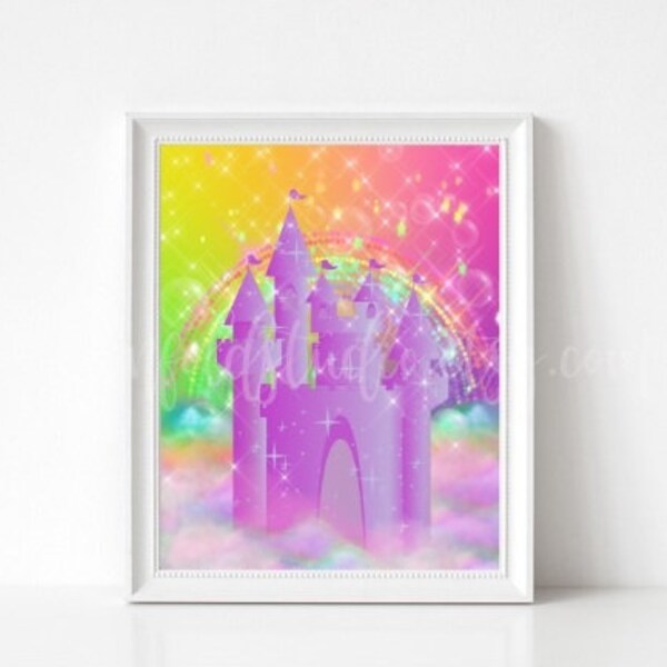 8x10 11x14 12x16 Purple Castle Print, Purple Castle Picture, Rainbow Art Print, Rainbow Digital Art, Princess Room Art, Fairy Room Art