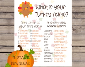 Thanksgiving Game, Turkey Name Game, Instant Download, Printable Game