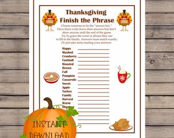 Thanksgiving Game, Thanksgiving Phrase Game, Thanksgiving Word Game, Instant Download, Printable Game
