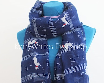 Cat on Music Sheet Scarf - Blue