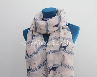 Cat and Music Scarf - Blue Pink
