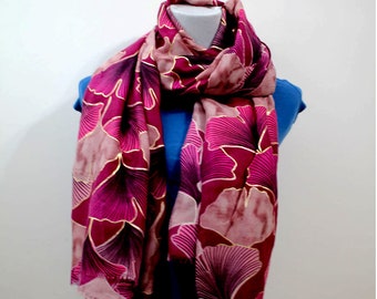 Boho Long Scarf Brown Gingko Leaf Scarves Hair Wrap Botanical Beach Sarong Gift for Her Fall Autumn Leaves Gifts