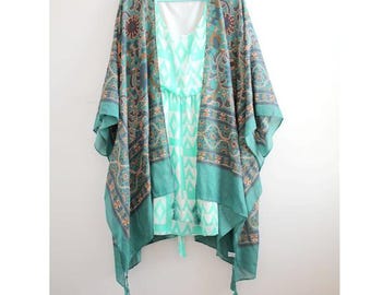 Grüner Tapisserie Quaste Kimono Duster