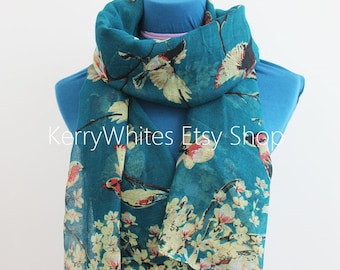 Bird with Spring Blossom Scarf - Teal Blue