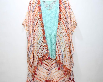 Kimono playero ligero con borlas rojas coral, estilo bohemio, de gran tamaño, para mujer, estilo diario, con estilo.
