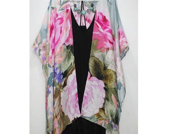 Kimono beach cover lightweight Teal Peony Flower boho oversized cover woman everyday kimono cardigan jacket stylish