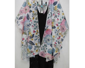 Kimono playero ligero con volantes y flores, estilo bohemio, de gran tamaño, para mujer, estilo cárdigan tipo kimono para uso diario, elegante.
