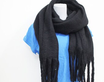 Soft and Large Winter Scarf - black mohair tassel scarf