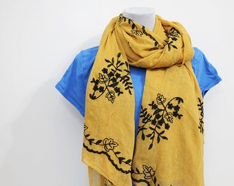 embroidered floral boho scarf in mustard gifts, scarf women, gift for women, gift for mom, gift for her, mothers day gift, spring clothing