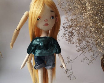 Interior soft blonde Cloth doll, Textile Art doll gift for her,Handmade girl birthday gift, Painted Face Doll gifts for daughter  from dad