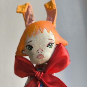 rabbit girl red hair doll, bunny lovers gift ,textile tiny cloth doll, easter decor, gift for her, magic doll