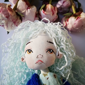 turquoise long hair doll, blue hair interior heirloom art doll, Handmade  doll,ready to ship,doll with clothes,custom doll,look a like gifts
