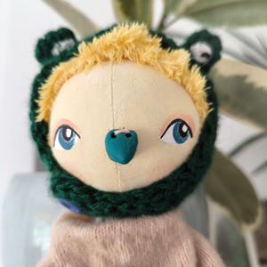 yellow chick bird interior doll,crochet frog hat, duck toy for doll, Birdie Pigeon lover gift,Artist doll,fantasy Stuffed pet, homemade