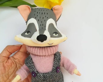 Unique grey Raccoon toy fabric baby gift, home decor Teddy bear,Forest animal toys,Easter spring creature doll,desk decoration,artist