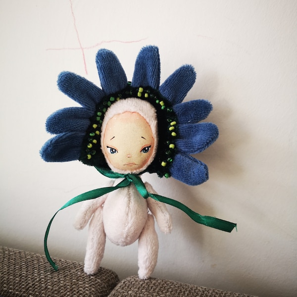 Forget me not light blue textile doll, Little plant flower bulbs, Rag Stuff Doll,OOAK teddy Hyacinth doll, Bluebell art, Cute Daisy gift