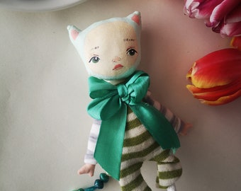 fantasy turquoise Cute cat doll, anthropomorphic Quirky Cat lovers gift,decorative toy,kitty cat doll,miniatures animal,Gifts for Her