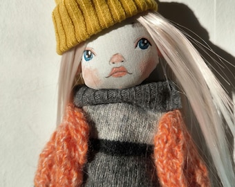 blonde fabric doll, Textile doll gift for her,Holiday kids room decor, Interior soft doll,rag doll pattern, softie doll stuffed