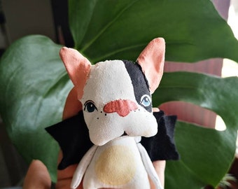 English Bulldog black white toy ,bull terrier textile doll, pet owner dog lover gift, custom dog portrait,blythe pets,creepy cute bat,