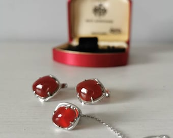 Japanese Vintage red agate Cufflinks and tie pin set, wedding cufflink set,men accessories