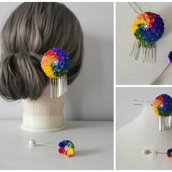 Pure silk handmade Tsumami Kanzashi Hair Pin, pride kanzashi,LGBT kanzashi Japanese Hair Accessories,Maiko Geisha hair pin