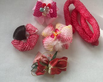 Vintage Japanese fabric Kanzashi Set (5 Pieces) – Shichi-Go-San Hair Accessories for Girls | Traditional Children’s Kimono Hair Ornaments