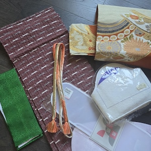 Bundle Sale | 7 Pc Vintage Japanese Kitsuke Set | Nagoya Obi, mid-Showa textiles Fukuro Obi, Silk Obijime -Dressing Accessories