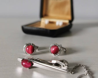 Vintage Tiger&#39;s Eye Cufflinks & Tie Pin Set: Japanese Lion Star