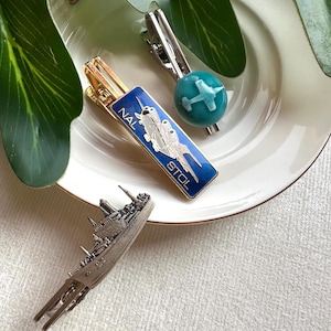 Vintage Tie Bar Set: Pure Silver Ship, Ceramic Airplane, Enamel Aviation