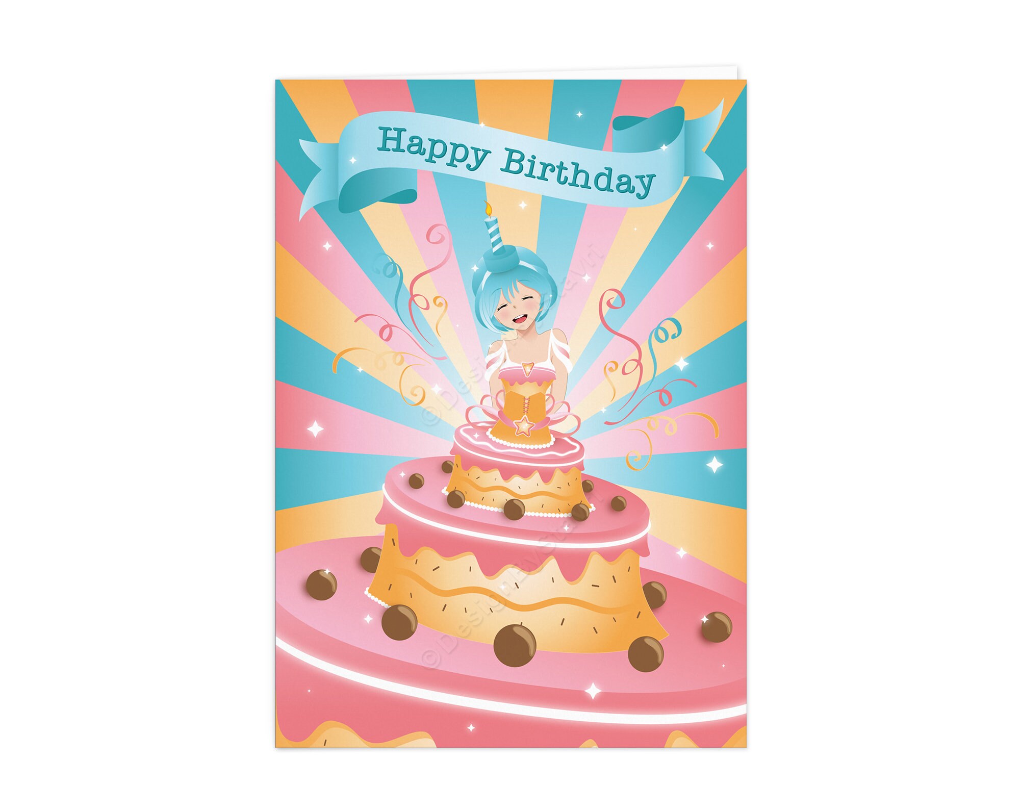 Cute Anime Girl Inside A Birthday Cake Greeting Card A5 Size Etsy