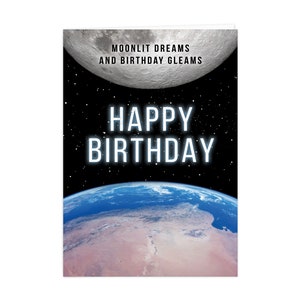 Verjaardagskaart aarde en maan "Moonlit Dreams and Birthday Gleams - Happy Birthday"