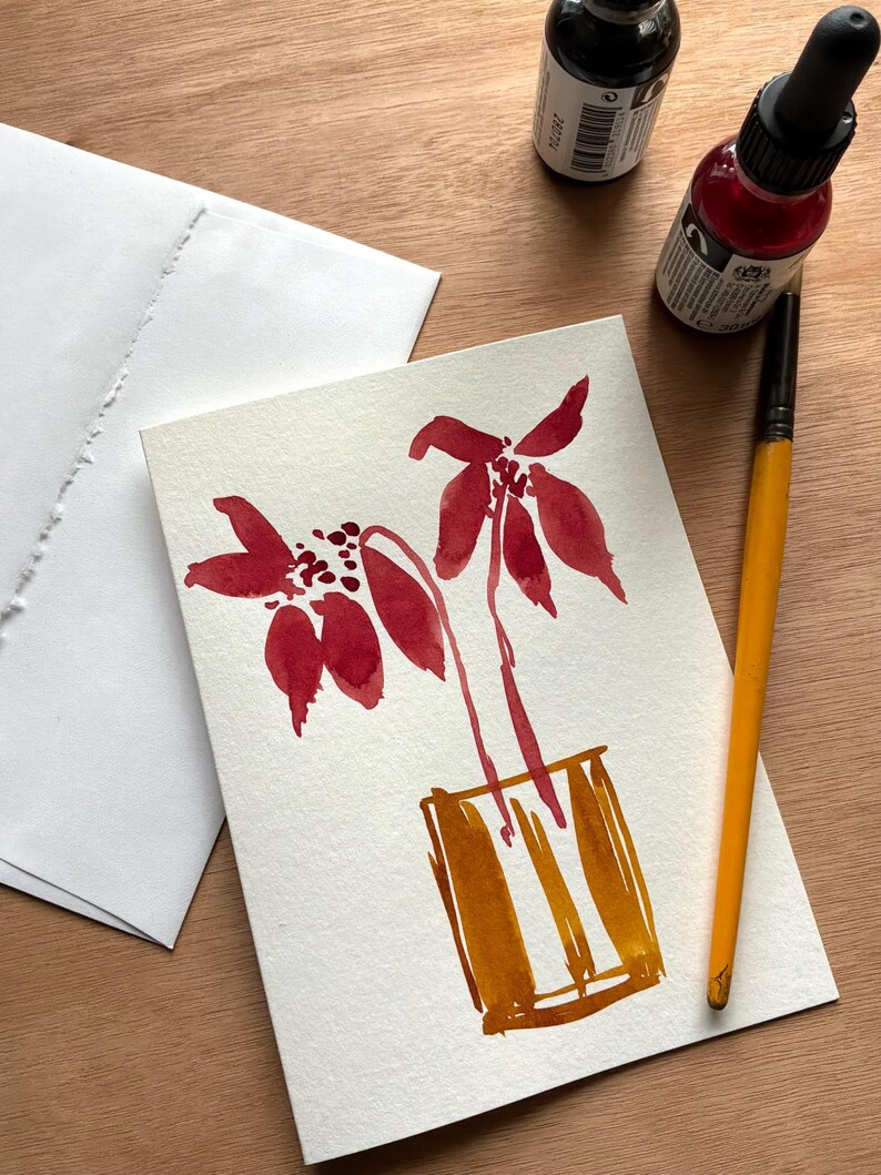 Hand Painted Watercolour Birthday Card. Ruby Red Flowers Design - Etsy