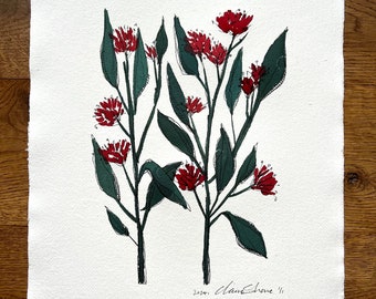 Original botanical ink painting _Green and red florals