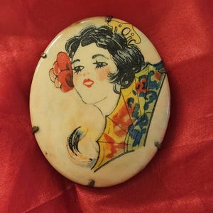 1920s Art Deco Flapper with Fan Celluloid Oval Pin Brooch Vintage