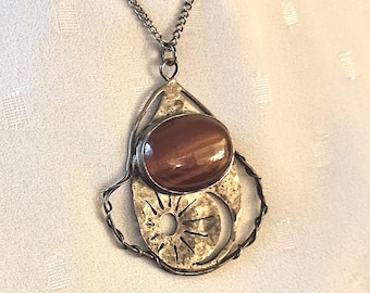 Vintage Artisan Banded Carnelian Pendant Necklace, Mixed Metal, Celestial Sun & Moon Motif