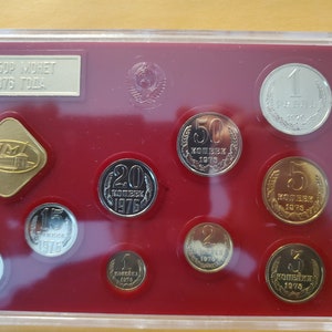 Monedas de la URSS de 1976, sin circular, selladas en lucita, Casa de la Moneda de Leningrado