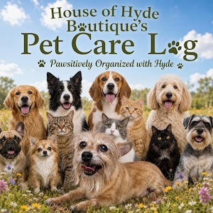 Könnte beinhalten: Ein Buchcover für House of Hyde Boutique's Pet Care Log mit dem Text House of Hyde Boutique's Pet Care Log und Pawsitively Organized with Hyde, über einer Gruppe verschiedener Hunde und Katzen in einem Feld voller Wildblumen.