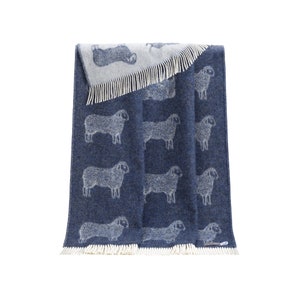 Denim Blue Sheep Wool Throw | Woven Blanket made from Pure Wool | Ideal as Bedspread, Housewarming Present