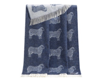 Denim Blue Sheep Wool Throw | Woven Blanket made from Pure Wool | Ideal as Bedspread, Housewarming Present
