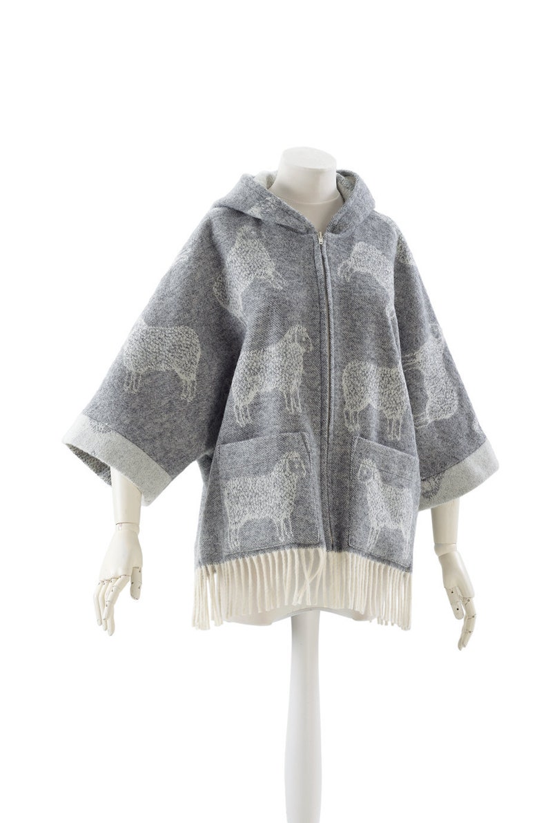 worm unlined wool with pockets with fringes off white jacket grey washable light wrap natural jj textile one size sheep coat