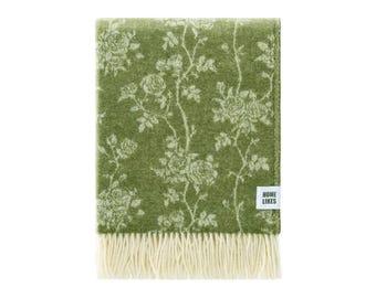 Roses Wool Throw | Moss Green Floral Woven Blanket | Recycled Merino Wool