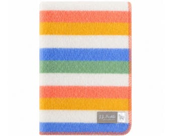 Coastal Stripe Wool Blanket | Chunky Reversible Throw | Mustard, Coral, Blue, Sage Stripes
