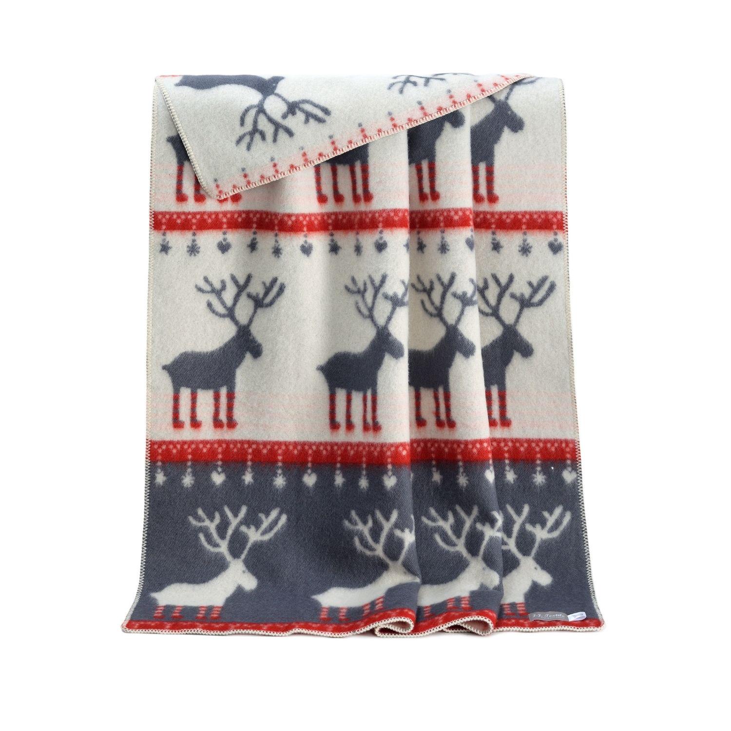 リバーシブルのトナカイ柄ウールブランケット | 本物のウールを使用