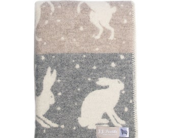 Snow Large Blanket with Reversible Hare Pattern, Made from Real Wool, Soft Brown/ Grey Throw Perfect for Chair, Bed & Sofa