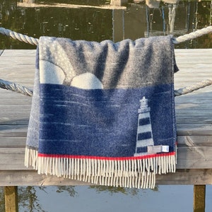 Blue Lighthouse Wool Throw | Nautical Coastal Decor | Sea Sailing Blanket | Gift for Him, Dad, Grandad