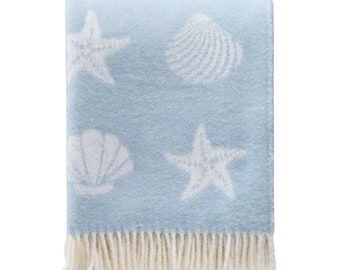 Seashells Pastel Blue Wool Throw, Nautical Blanket, Seashell Coastal Seaside Decor